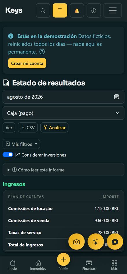 Informe de resultados de Keys en el móvil