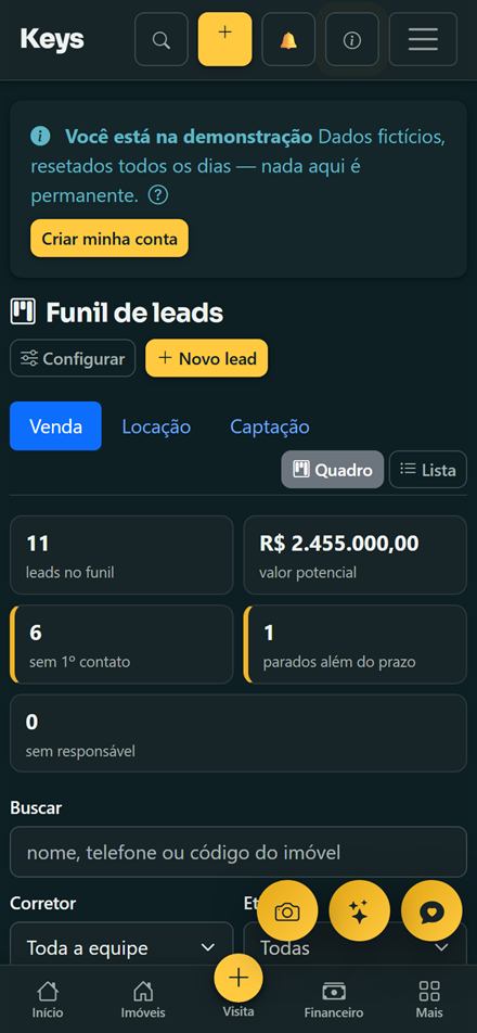 Embudo de leads de Keys en el móvil