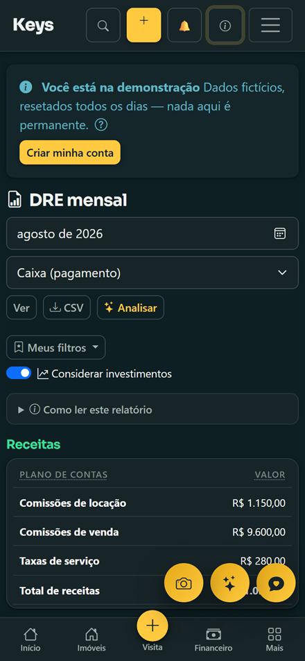 Relatório de resultado do Keys no celular