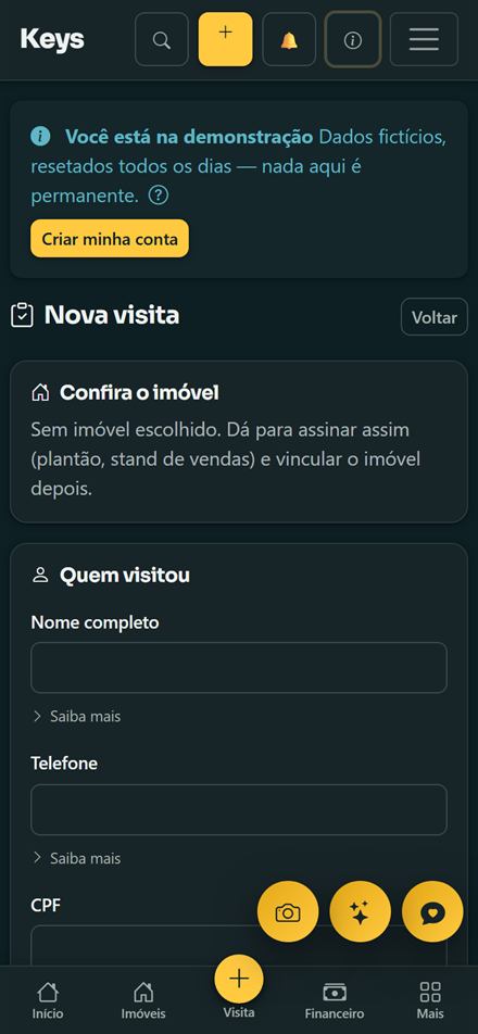 Ficha de visita do Keys no celular