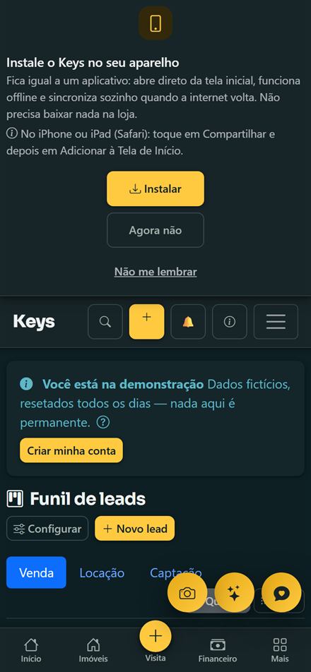 Funil de leads do Keys no celular